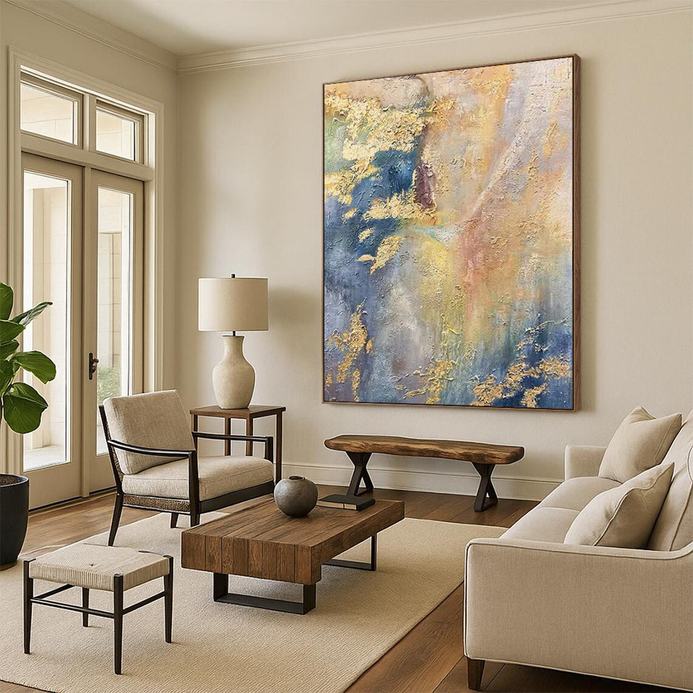 “Gold - Flecked Blue & Gray Abstraction” – Abstract Oil Painting On Canvas CT2113
