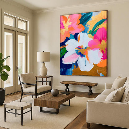 “Pink - Orange Gold Florals” - Pink, Orange, Gold Floral Bouquet Painting On Canvas DTP284