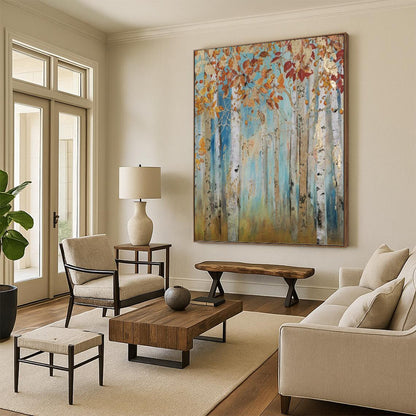 Autumn Birch Forest with Gold Accents - Landscape Painting On Canvas DKH1437