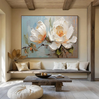 White Peonies with Textured Petals - Impasto Floral Painting On Canvas DLZ174