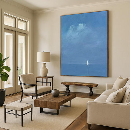 “Distant Voyage: Tiny Sail on Vast Blue” - Abstract Nautical Oil on Canvas CT1879