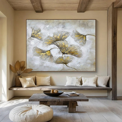 “Gilded Ginkgo Leaves” - Textured Botanical Painting On Canvas DKH790
