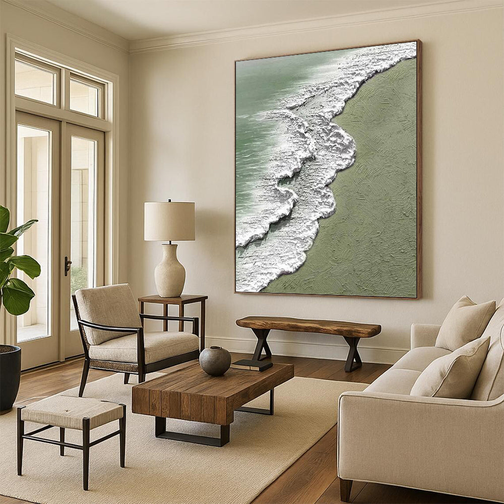 “Textured Beach Waves” - Green, White & Blue Textured Seascape Painting On Canvas DKH1200
