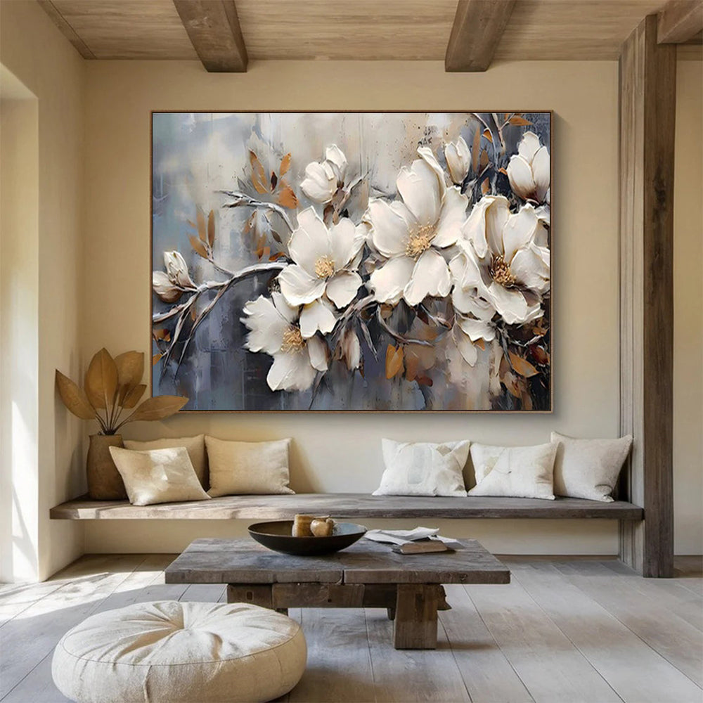 “Elegant Magnolias” - White, Gray, Gold Textured Floral Impasto Painting On Canvas DKH707
