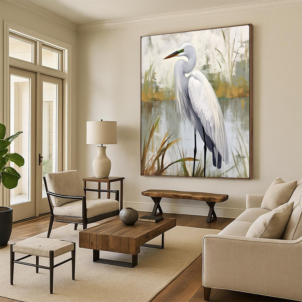 “Serene White Egret in Wetlands” – Realistic Bird Oil Painting On Canvas CT2127