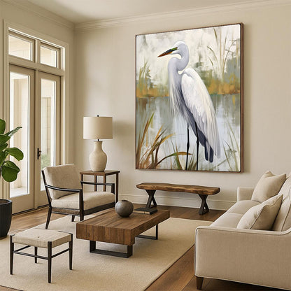 “Serene White Egret in Wetlands” – Realistic Bird Oil Painting On Canvas CT2127