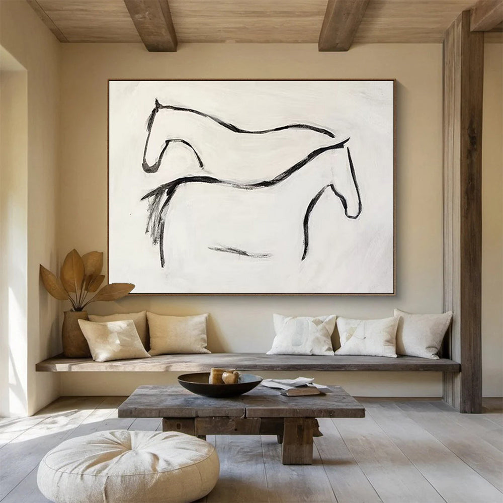 “Ink - Drawn Equine Silhouettes” - Black, White Minimalist Horse Painting On Canvas DKH751
