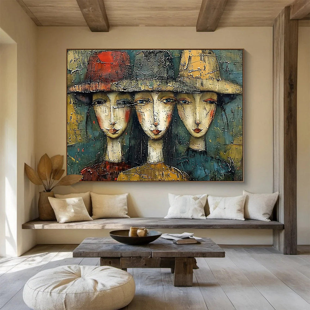 “Textured Trio of Faces” - Earthy Multicolor Portrait Painting On Canvas DKH763