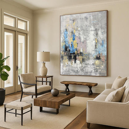 “Gray and Colorful Abstract City” - Gray, Blue, Yellow, Pink Abstract Painting On Canvas DTP248