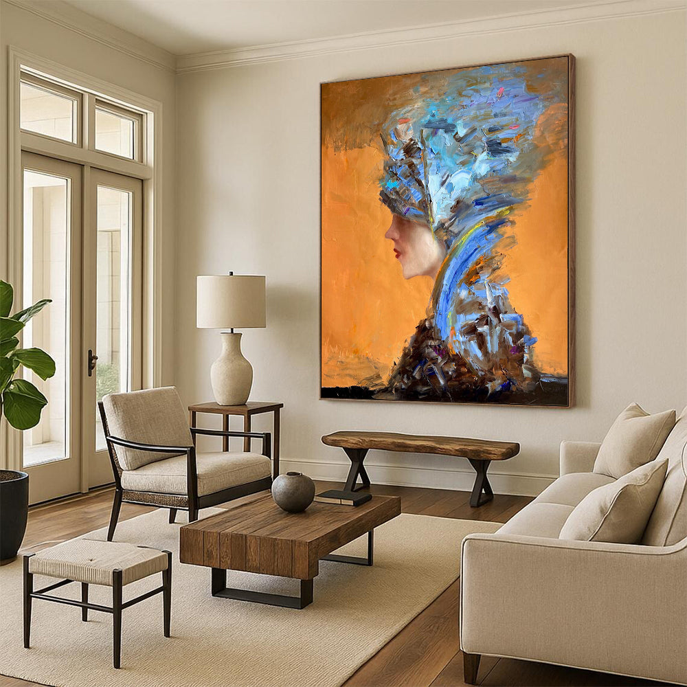 “Orange, Blue, Brown Textured Portrait ‘Eccentric Elegance’” - Impasto Figurative Painting On Canvas DTP348