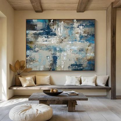 “Blue, Gray, Abstract Scene ‘Urban Coastal Fusion’” - Abstract Cityscape Painting On Canvas DLZ036