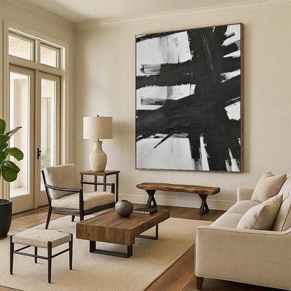 Black & White Bold Strokes - Dynamic Clash Painting On Canvas DKH1154