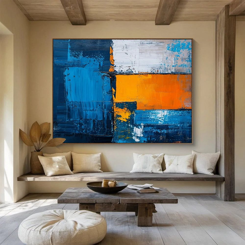 Bold Blue and Orange Geometric Abstract Painting On Canvas DKH273