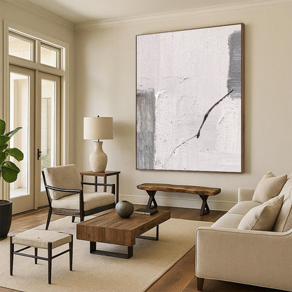 “Gray, White, Black Textured Line ‘Fragile Connection’” - Impasto Abstract Painting On Canvas DTP363