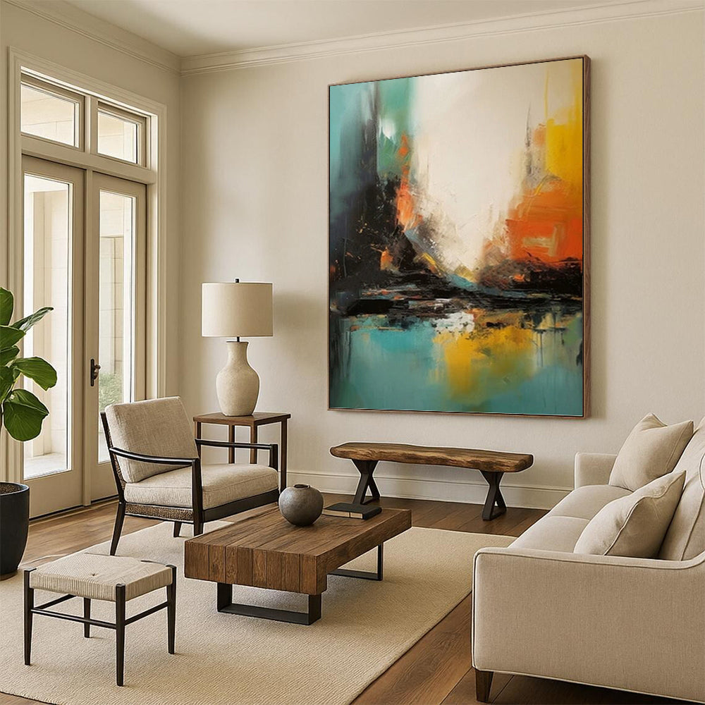 “Vibrant Urban Impression” - Blue, Yellow & Orange Cityscape - Inspired Painting On Canvas DKH0928