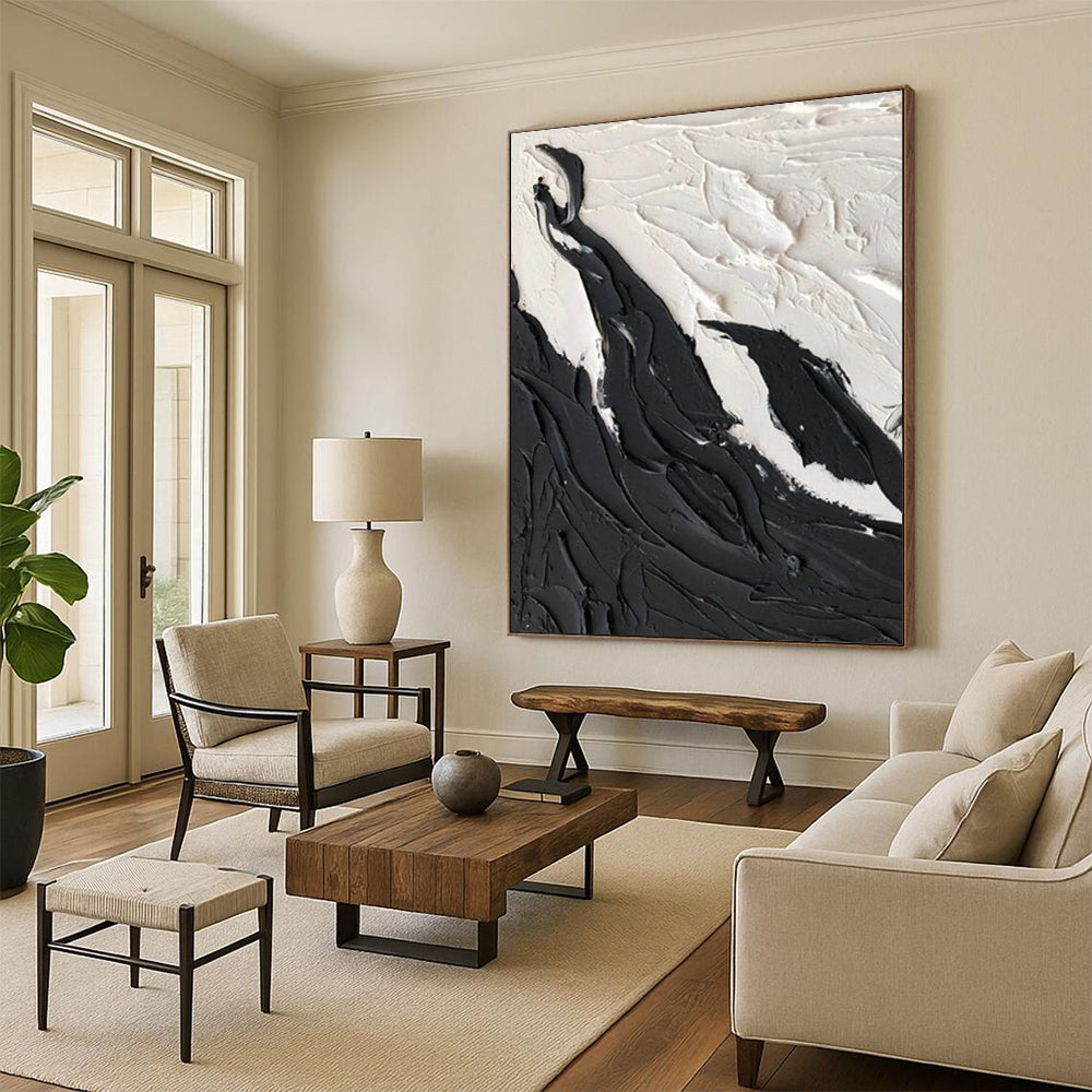 “Black, White Textured Peaks ‘Mountain Serenity’” - Abstract Impasto Painting On Canvas DTP395