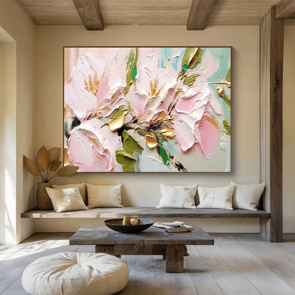 “Pink Flowers with Gold Accents”：Textured Floral Painting On Canvas DKH253