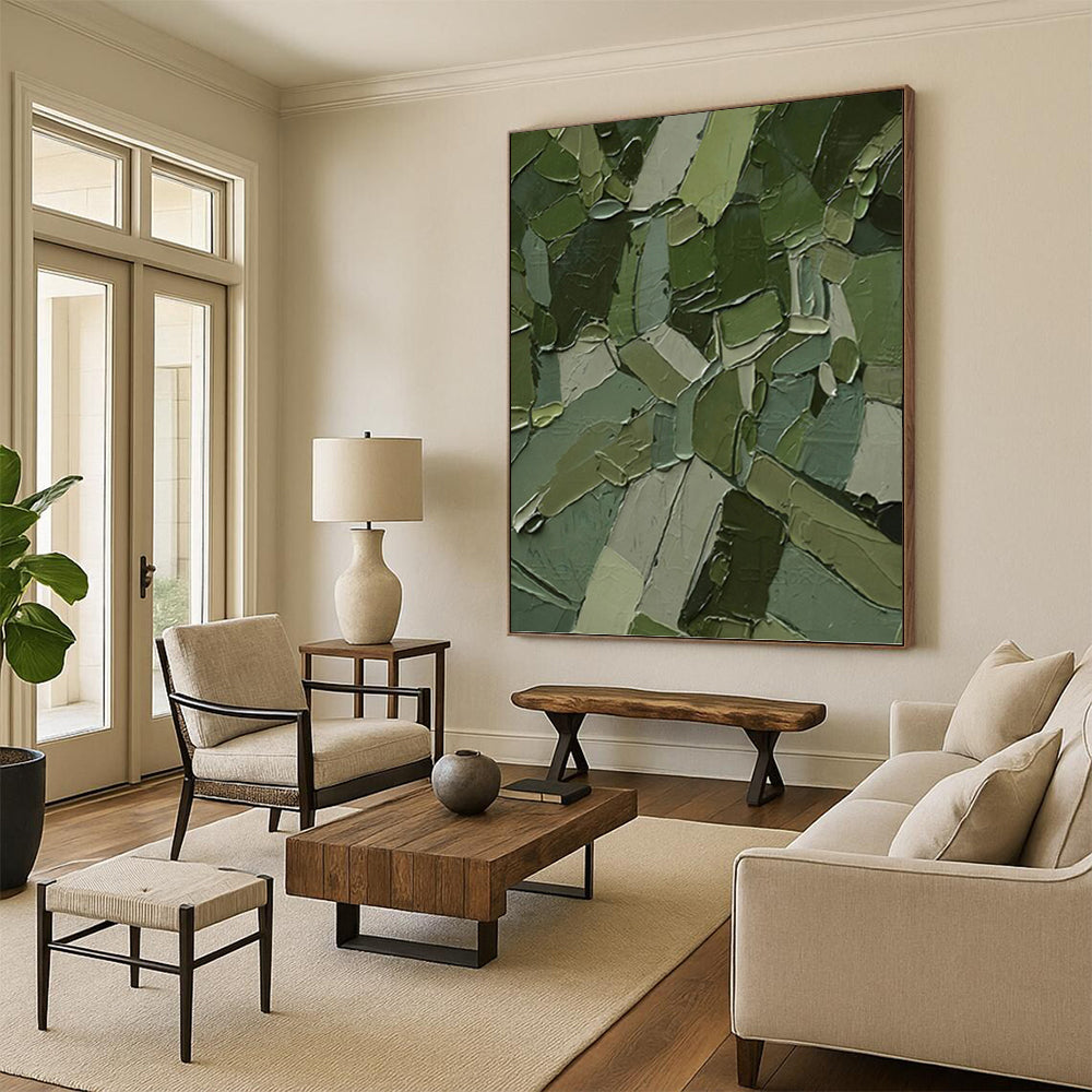 “Green Mosaic Impasto” - Green & Gray Mosaic - Like Impasto Painting On Canvas DKH1211