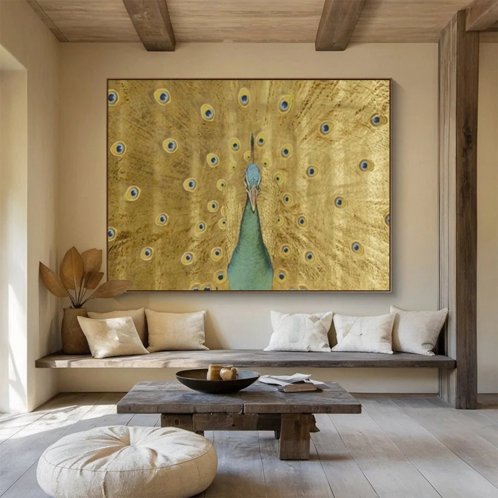 “Golden Peacock Display” - Gold, Blue, Green Realistic Bird Painting On Canvas DKH740