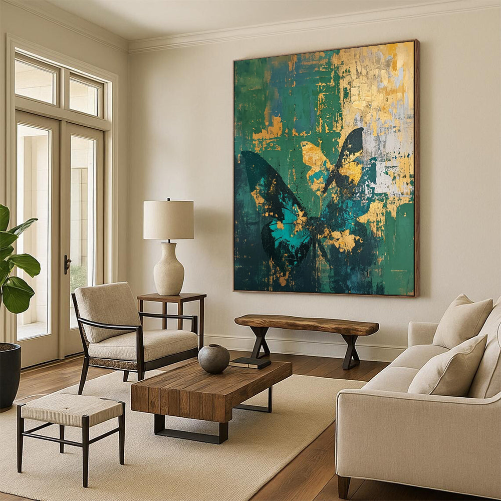 “Emerald Butterflies on Distressed Green” - Textured Mixed - Media Art on Canvas CT1883