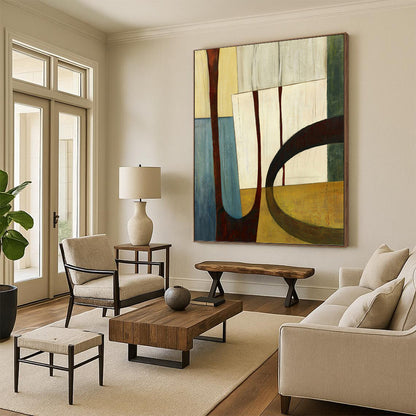 “Geometric Shapes in Earth Tones” - Brown, Beige & Blue Cubist - Inspired Painting On Canvas DKH0949
