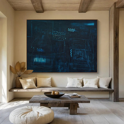 “Deep Blue Abstract Night Forms - Dark Blues and Subtle Lines” Painting On Canvas DKH023