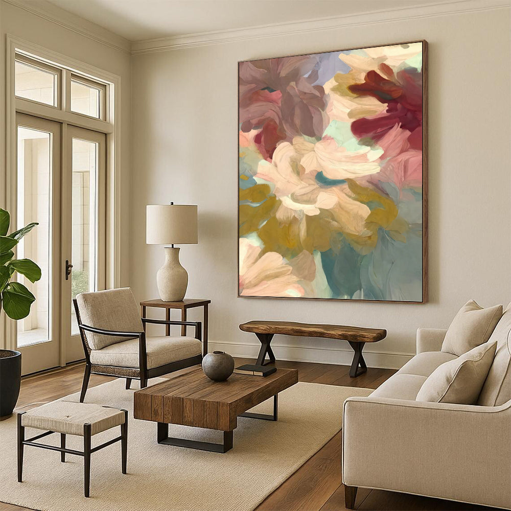 Blush and Teal Floral Dream - Ethereal Flower Painting On Canvas DKH1353