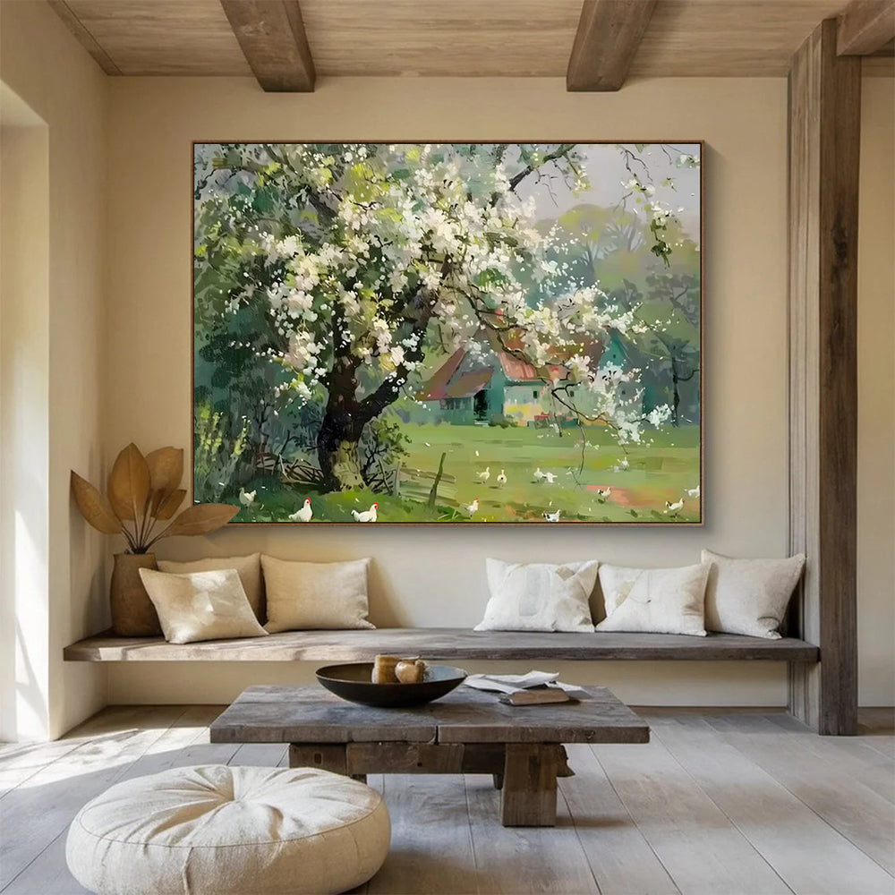 Blossoming Tree in Countryside - Realist Landscape Painting On Canvas DLZ215