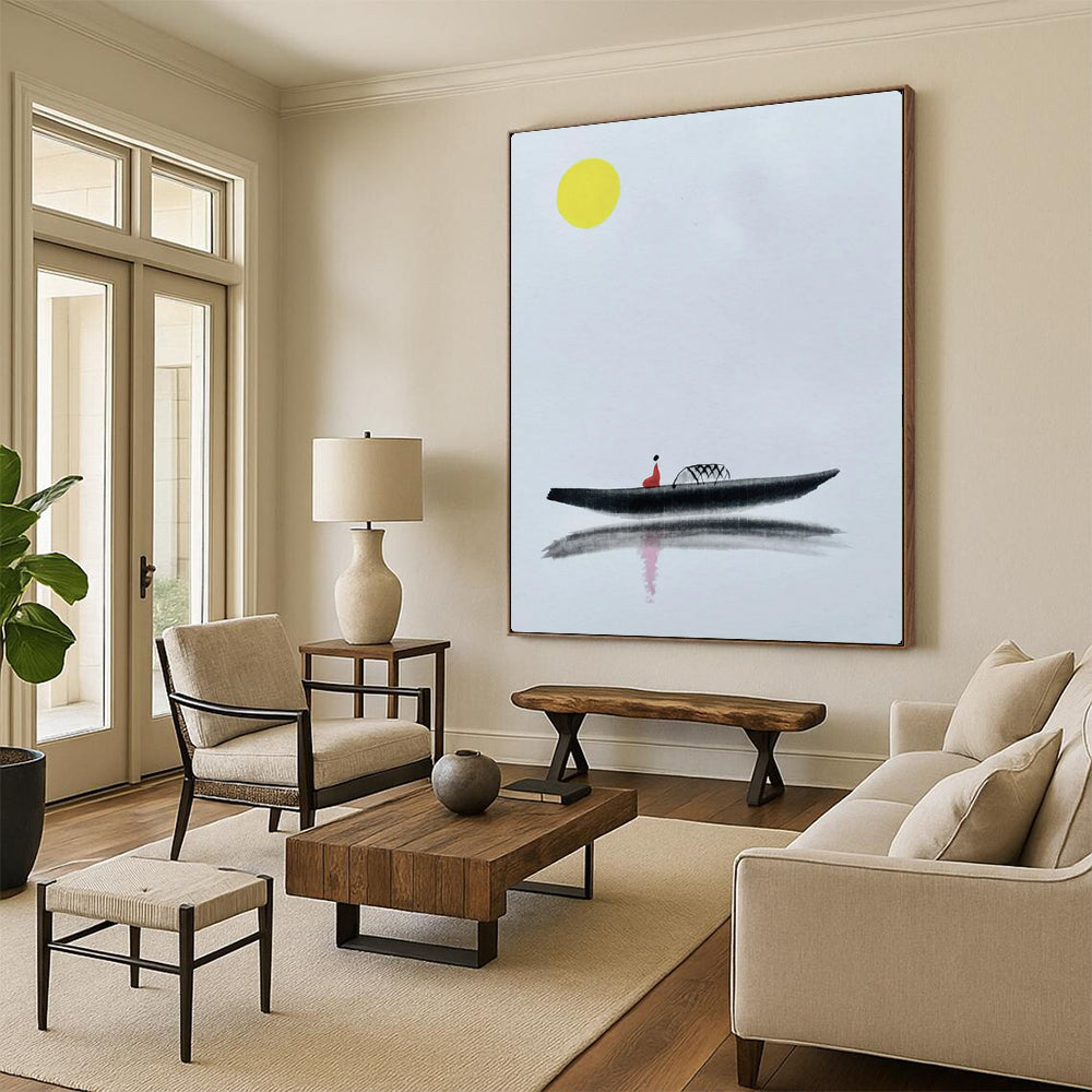 “Minimalist Chinese - Style Boat Scene” – Ink Wash - Inspired Painting On Canvas CT2163
