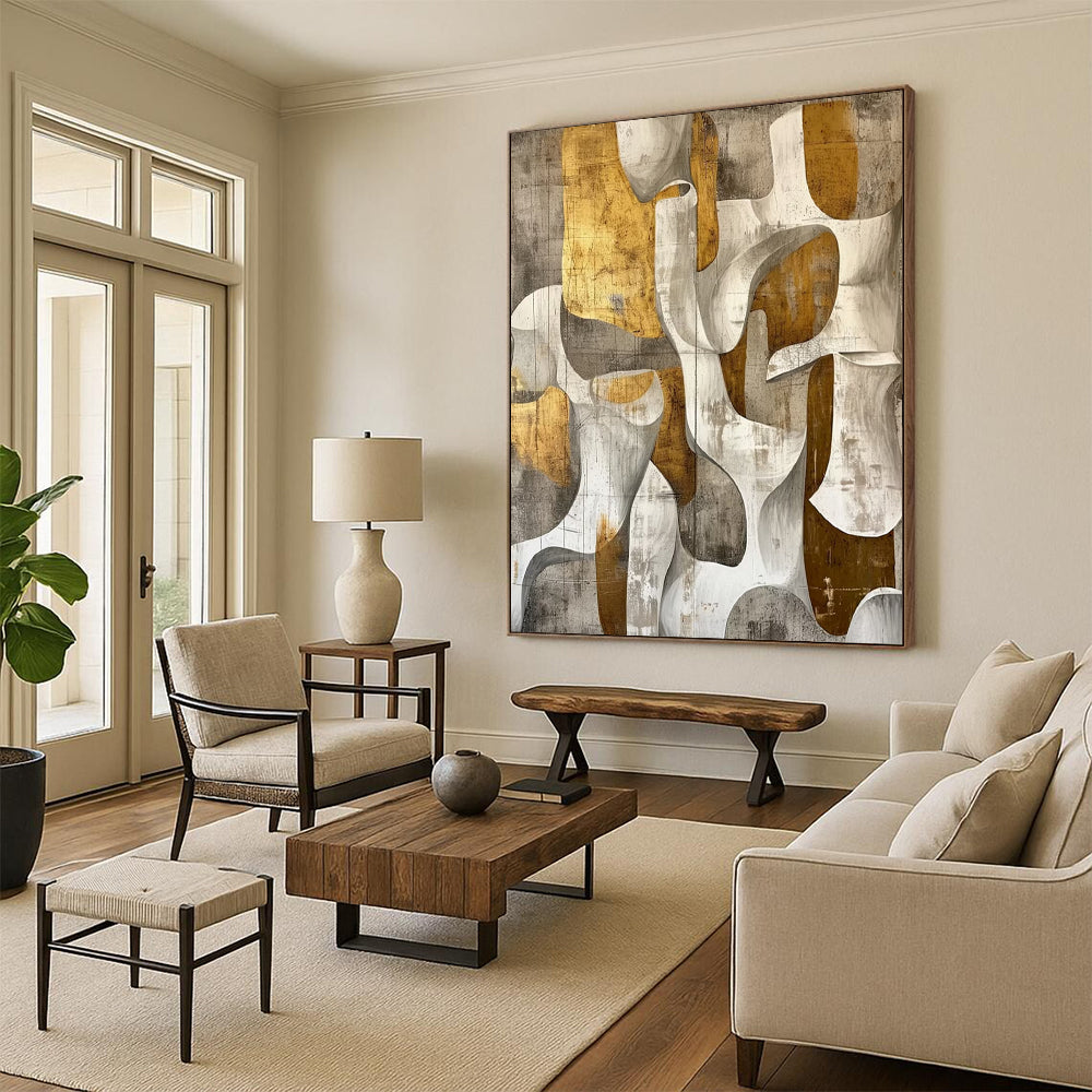 “Gold - Gray Abstract Shapes” - Modernist Impasto Painting On Canvas DTP011