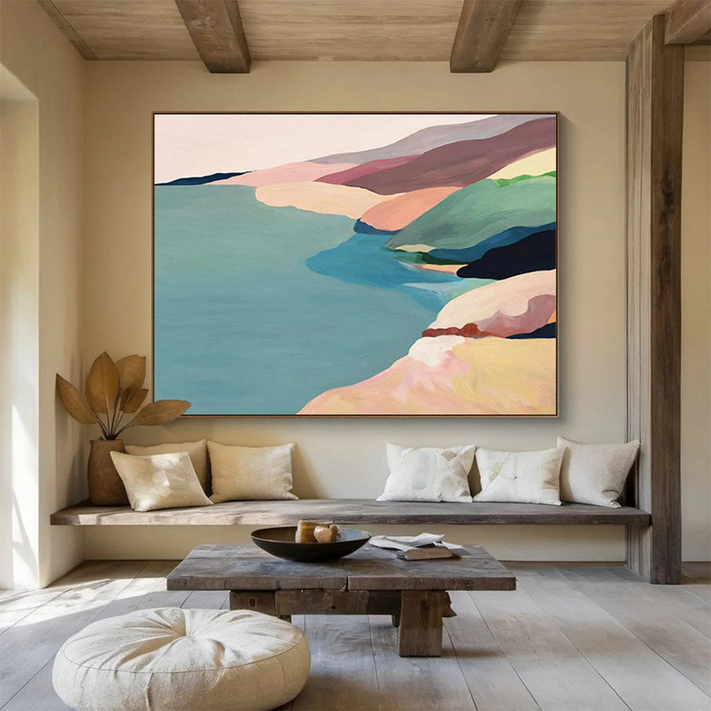 “Pastel Coastal Ridges” - Soft Pink, Blue, Green Minimalist Landscape Painting On Canvas DKH741