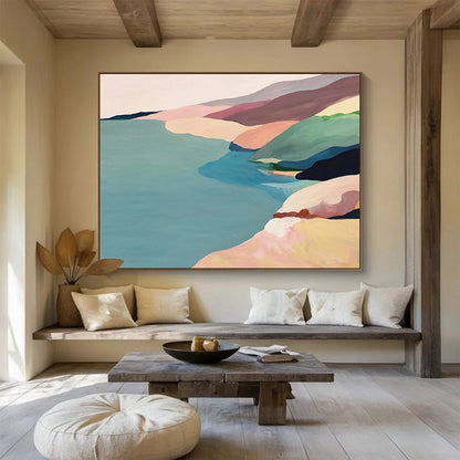 “Pastel Coastal Ridges” - Soft Pink, Blue, Green Minimalist Landscape Painting On Canvas DKH741