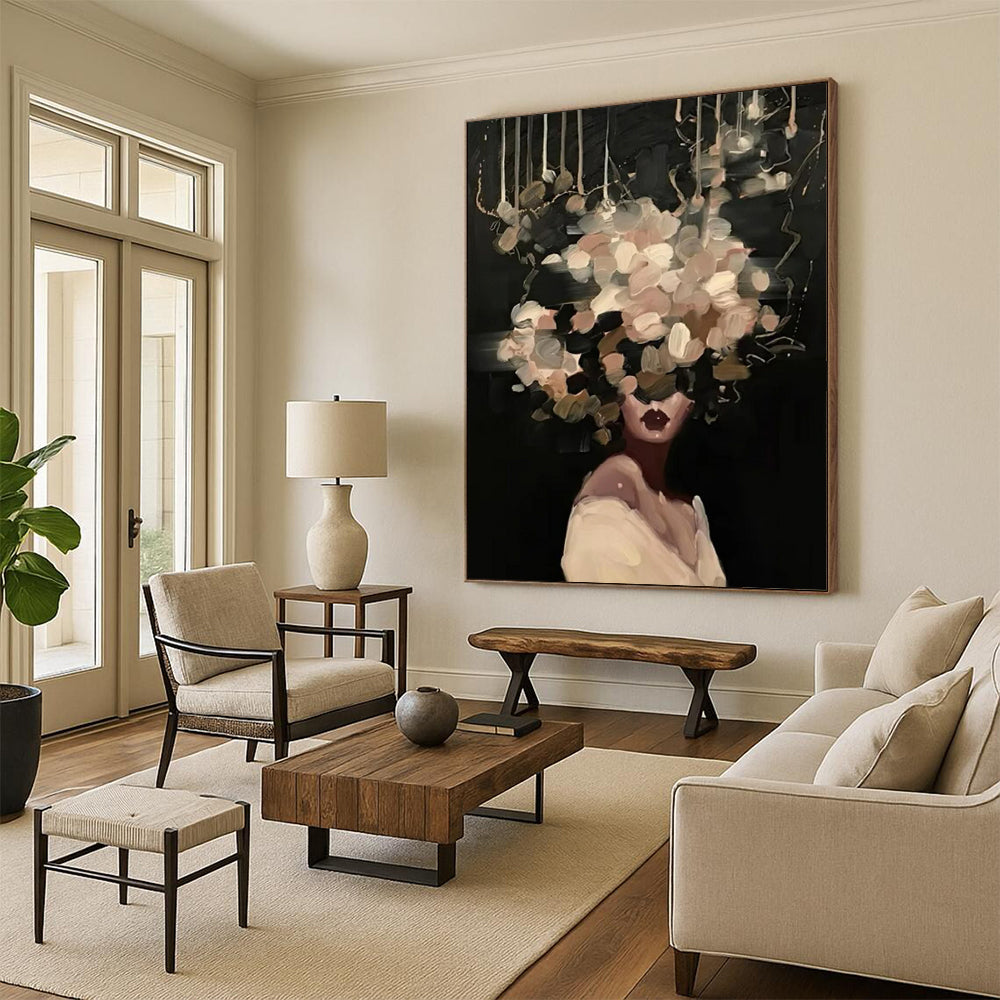 “Black, Beige, White Floral Head ‘Mystic Blooms’” - Figurative Flower Painting On Canvas DTP326