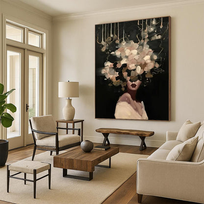 “Black, Beige, White Floral Head ‘Mystic Blooms’” - Figurative Flower Painting On Canvas DTP326
