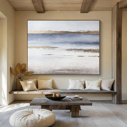 Blue, White, and Gold Abstract Landscape “Coastal Ethereal Horizons” Painting On Canvas DKH135