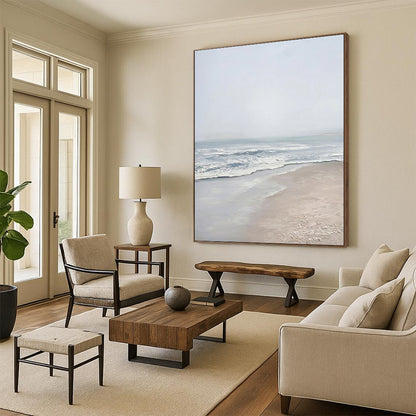 “Serene Gray Beach” - Gray, Blue, White Landscape Painting On Canvas DTP310
