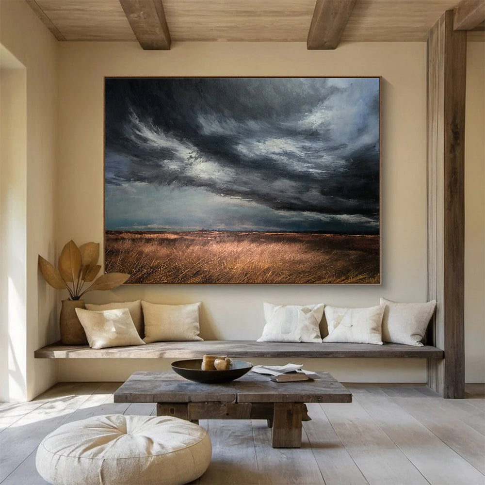 “Stormy Gray Sky Over Golden Fields” - Dramatic Landscape Painting On Canvas DKH772