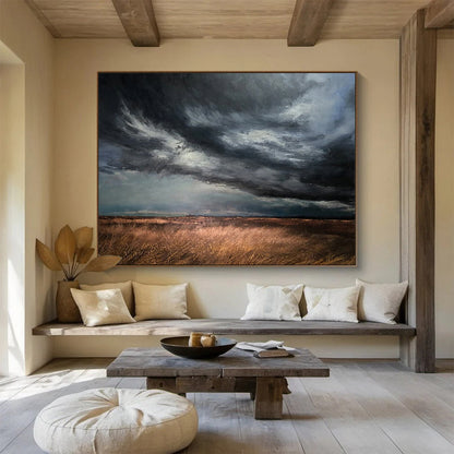 “Stormy Gray Sky Over Golden Fields” - Dramatic Landscape Painting On Canvas DKH772