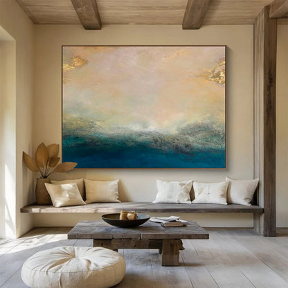 “Gold - Tipped Abstract Horizon” - Soft Multicolor Abstract Landscape Painting On Canvas DKH770