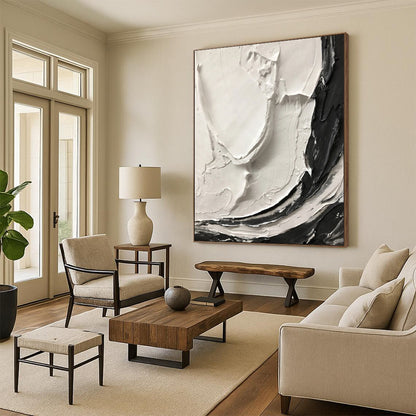 “White, Black Textured Swirls ‘Tactile Harmony’” - Impasto Abstract Painting On Canvas DTP387