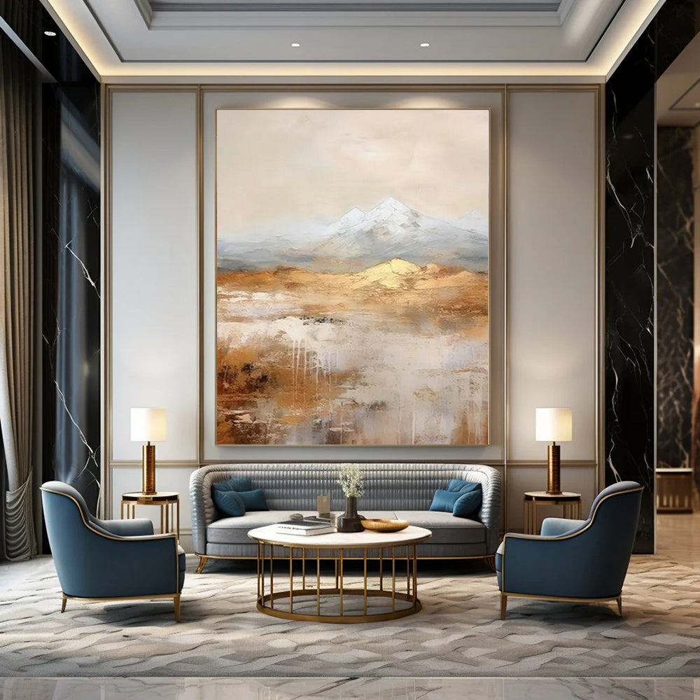 Golden Desert and Snowy Peaks - Abstract Landscape Oil CT1219
