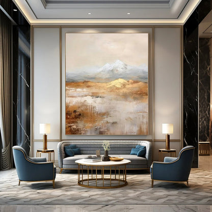Golden Desert and Snowy Peaks - Abstract Landscape Oil CT1219