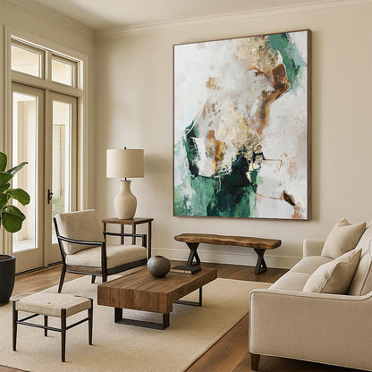 “Green, Gold & White Abstract” - Green, Gold & White Modernist Painting On Canvas DKH1008