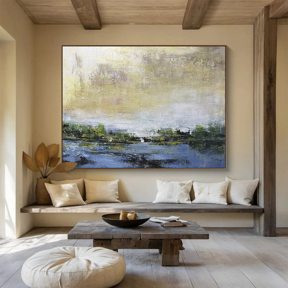 Subtle Abstract Landscape in Gold and Blue Painting On Canvas DKH195