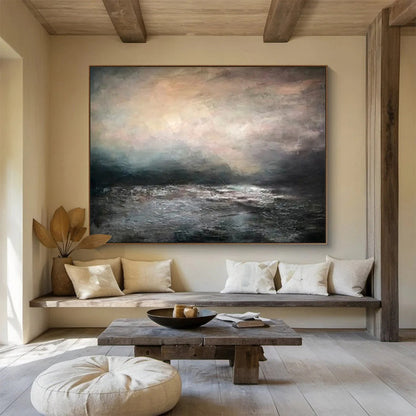 “Moody Sea at Dusk” - Dark Multicolor Impressionistic Seascape Painting On Canvas DKH769