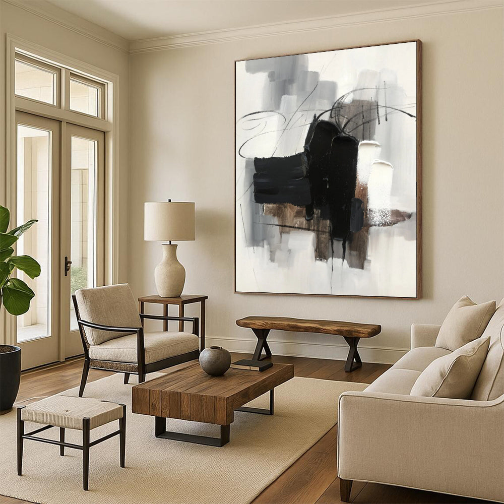 Black, Gray, and White Abstraction - Abstract Expressionist Painting On Canvas DKH1275
