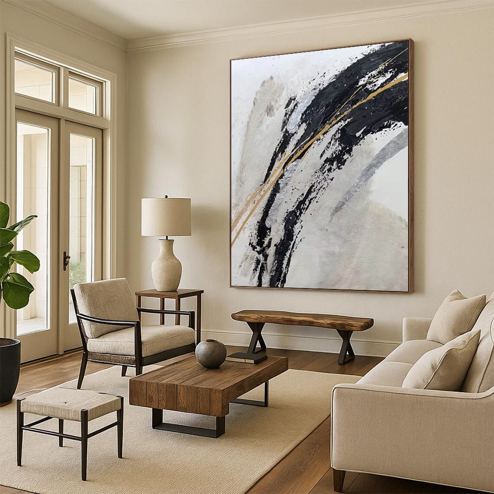 “Black, Gold, and Silver Swirls” - Black, Gold, Silver, White Abstract Painting On Canvas DTP249