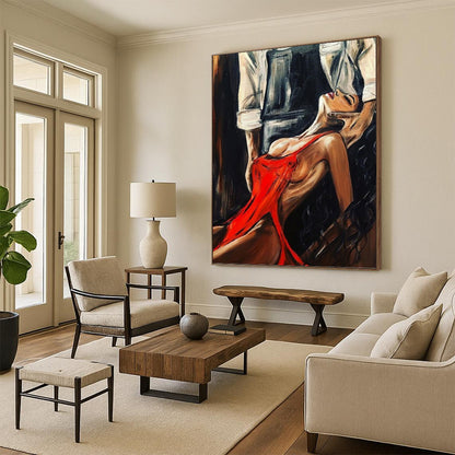 “Red - Dressed Woman Figurative Scene” - Sensual Figurative Painting On Canvas DKH1611