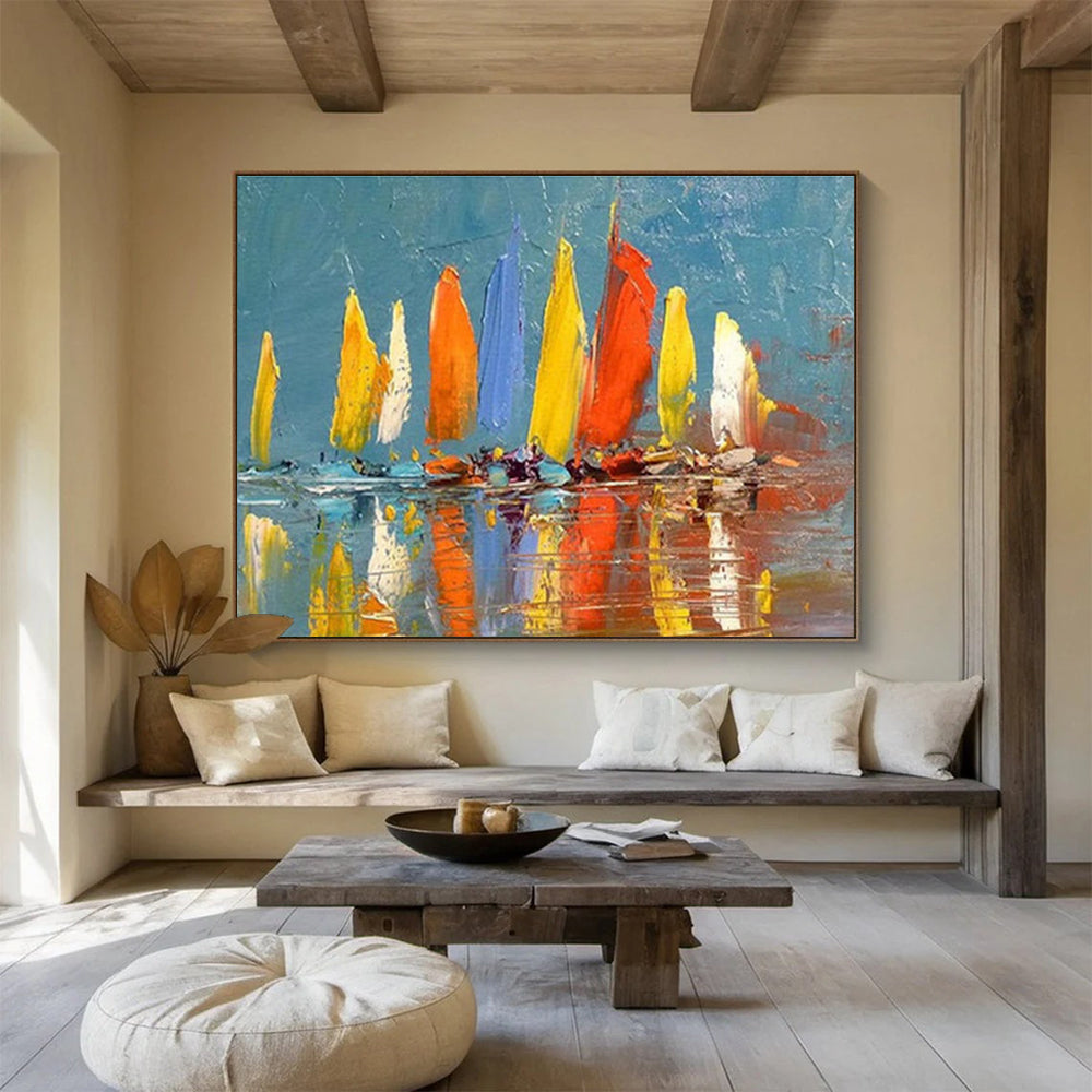 “Colorful Sailboats”：Impressionistic Marine Painting On Canvas DKH254