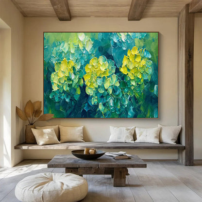 “Impasto Yellow Flowers on Green” - Fresh Botanical Painting On Canvas DKH799